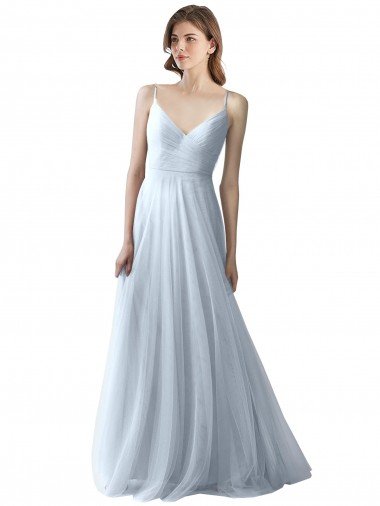Azul cielo claro línea A Tirantes espagueti Cuello en V Tul Largo Vestidos de dama de honor Descuento