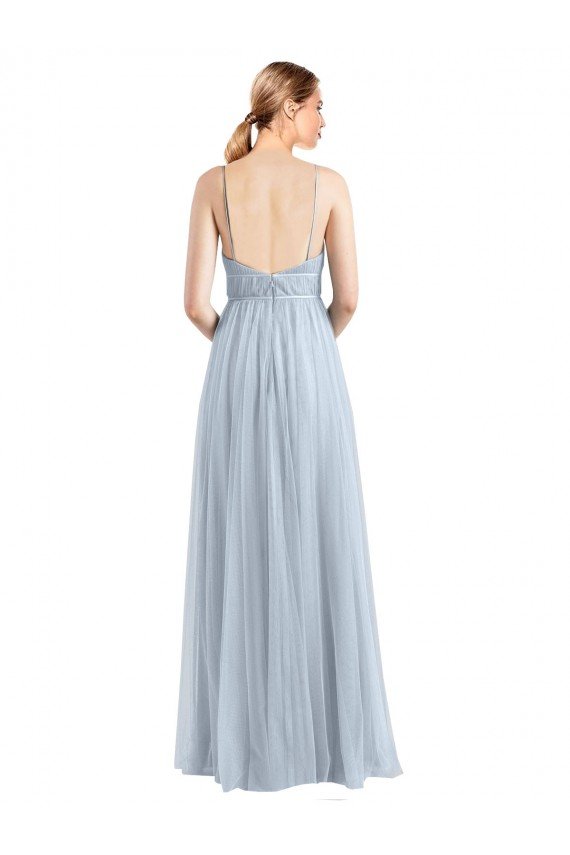Azul cielo claro línea A Tirantes espagueti Cuello en V Tul Largo Vestidos de dama de honor Descuento