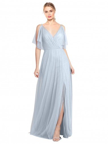 Azul cielo claro línea A Tirantes espagueti Cuello en V Tul Largo Vestidos de dama de honor Descuento