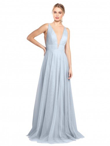 Azul cielo claro línea A Tirantes espagueti Cuello en V Tul Largo Vestidos de dama de honor Descuento