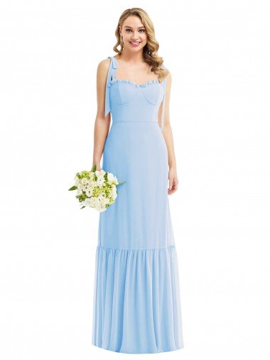 Azul cielo claro línea A Tirantes espagueti Gasa Largo Vestidos de dama de honor Descuento