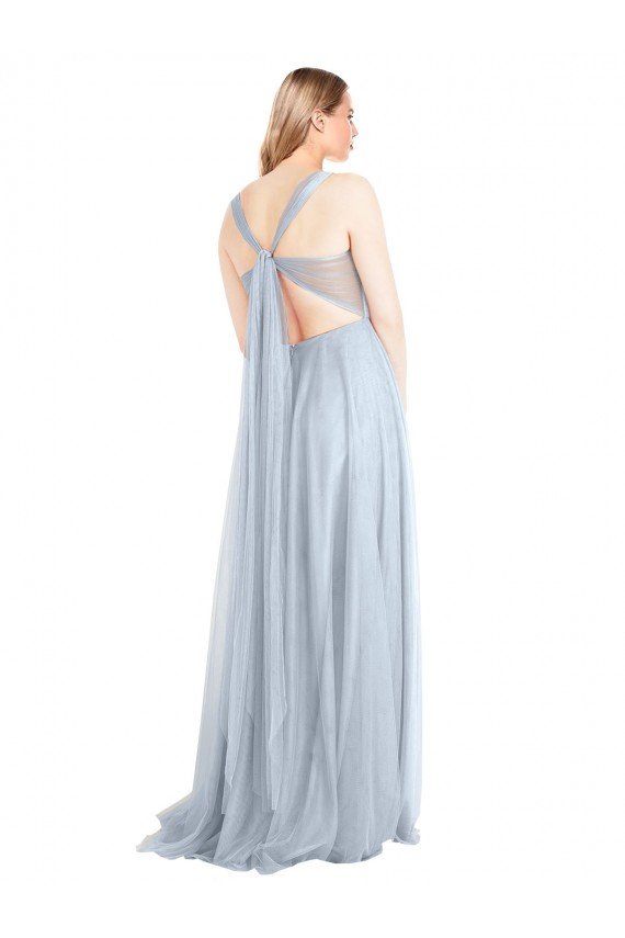 Azul cielo claro línea A Tirantes espagueti Tul Largo Vestidos de dama de honor Descuento