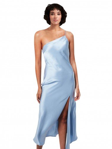 Azul cielo claro línea A Un Hombre Midi Satén sedoso Corto Formales Vestidos de dama de honor / Vestidos de fiesta / Vestidos de cóctel Descuento
