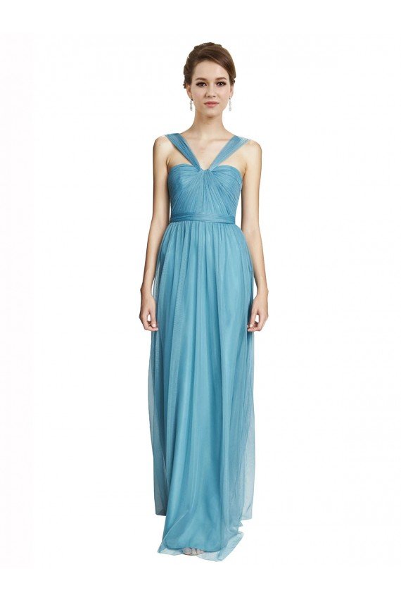 Azul cielo línea A Tirantes espagueti Halter Cuello en V Tul Largo Vestidos de dama de honor Descuento