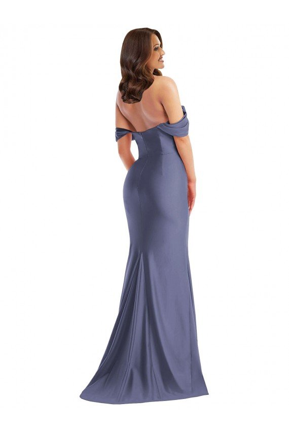 Azul francés Sirena Hombros Descubiertos Satén sedoso Largo Formales Vestidos de dama de honor / Vestidos de fiesta Descuento