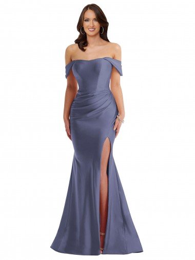 Azul francés Sirena Hombros Descubiertos Satén sedoso Largo Formales Vestidos de dama de honor / Vestidos de fiesta Descuento