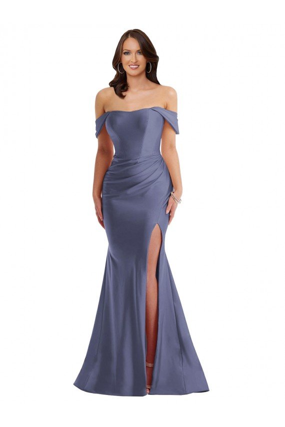 Azul francés Sirena Hombros Descubiertos Satén sedoso Largo Formales Vestidos de dama de honor / Vestidos de fiesta Descuento