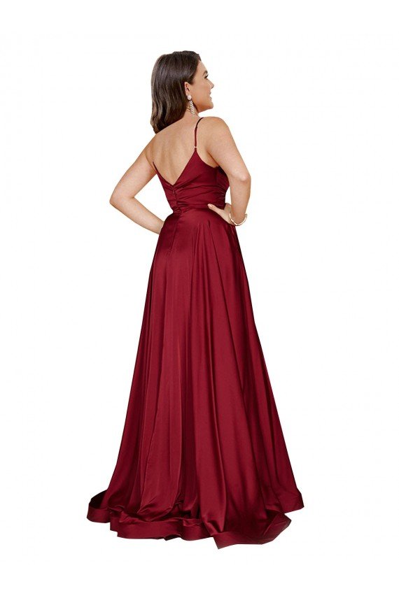 Azul francés línea A Tirantes espagueti Satén sedoso Largo Formales Vestidos de dama de honor / Vestidos de fiesta Descuento