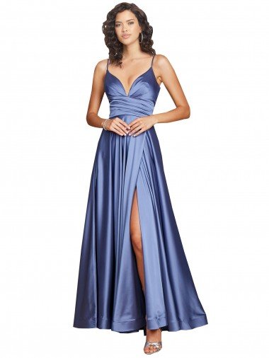Azul francés línea A Tirantes espagueti Satén sedoso Largo Formales Vestidos de dama de honor / Vestidos de fiesta Descuento