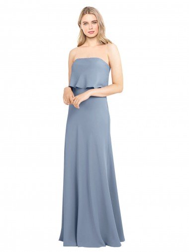 Azul humo Cubierta Cuello Alto Crepé Elástico Largo Formales Vestidos de dama de honor / Vestidos de fiesta Descuento