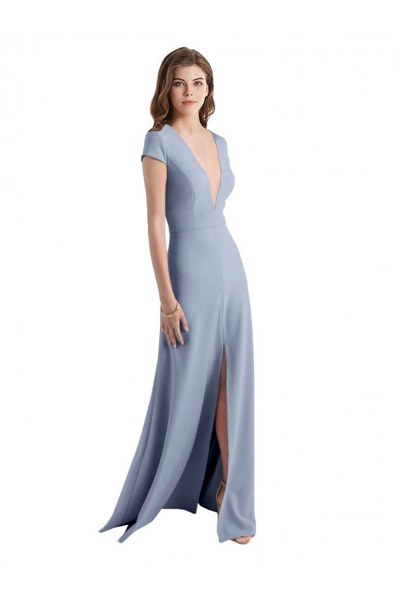 Azul humo Cubierta Cuello en V Cuello Alto Crepé Elástico Largo Vestidos de dama de honor / Vestidos de fiesta Descuento