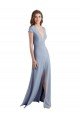 Azul humo Cubierta Cuello en V Cuello Alto Crepé Elástico Largo Vestidos de dama de honor / Vestidos de fiesta Descuento