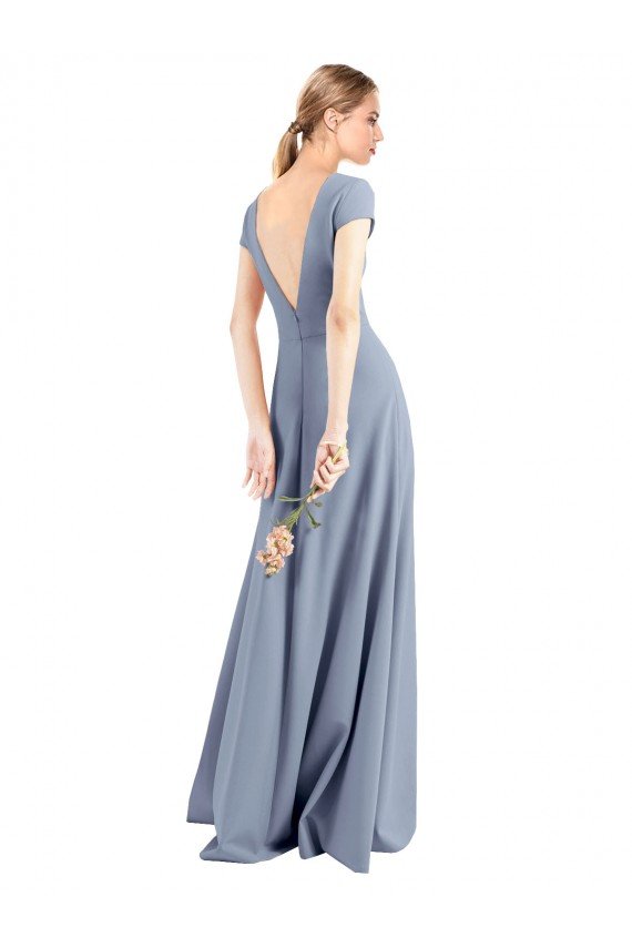 Azul humo Cubierta Cuello en V Cuello Alto Crepé Elástico Largo Vestidos de dama de honor / Vestidos de fiesta Descuento