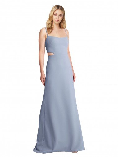 Azul humo línea A Tirantes espagueti Cucharón Crepé Elástico Largo Vestidos de dama de honor / Vestidos de fiesta Descuento