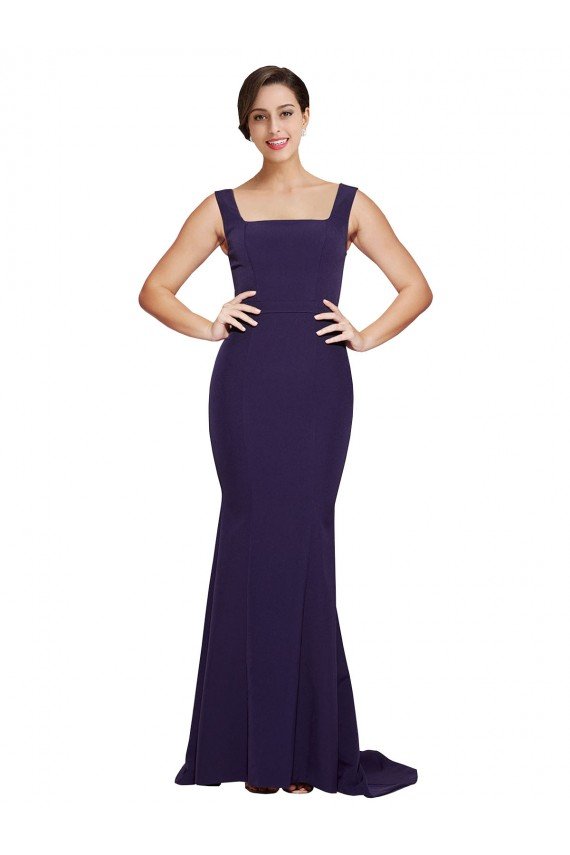 Azul marina oscuro Cubierta Cuadrado Barrer tren Crepé Elástico Largo Vestidos de dama de honor / Vestidos de fiesta Descuento