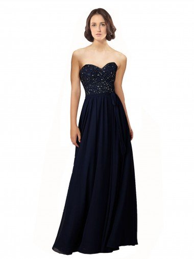 Azul marina oscuro Cubierta Cuello de Corazón Gasa Largo Vestidos de dama de honor Descuento