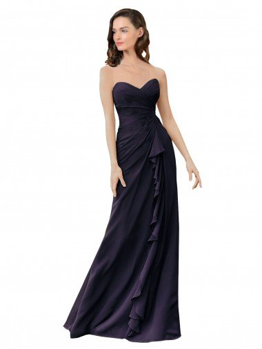 Azul marina oscuro Cubierta Cuello de Corazón Gasa Largo Vestidos de dama de honor Descuento
