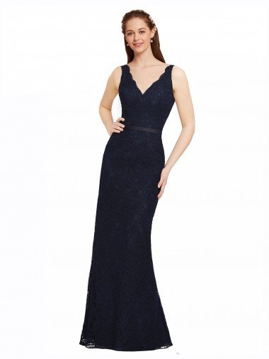 Azul marina oscuro Cubierta Cuello en V Encaje Largo Vestidos de dama de honor Descuento