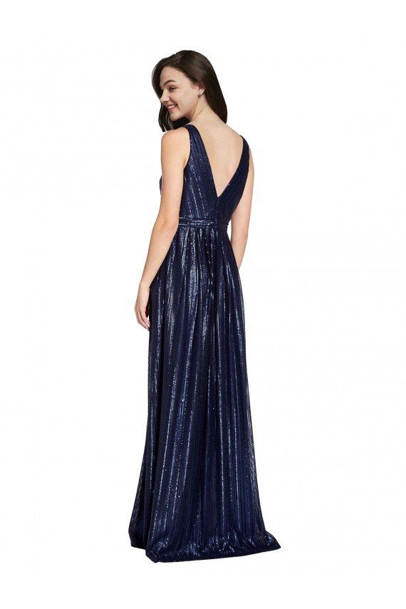 Azul marina oscuro Cubierta Cuello en V Lentejuela Largo Formales Vestidos de dama de honor / Vestidos de fiesta Descuento