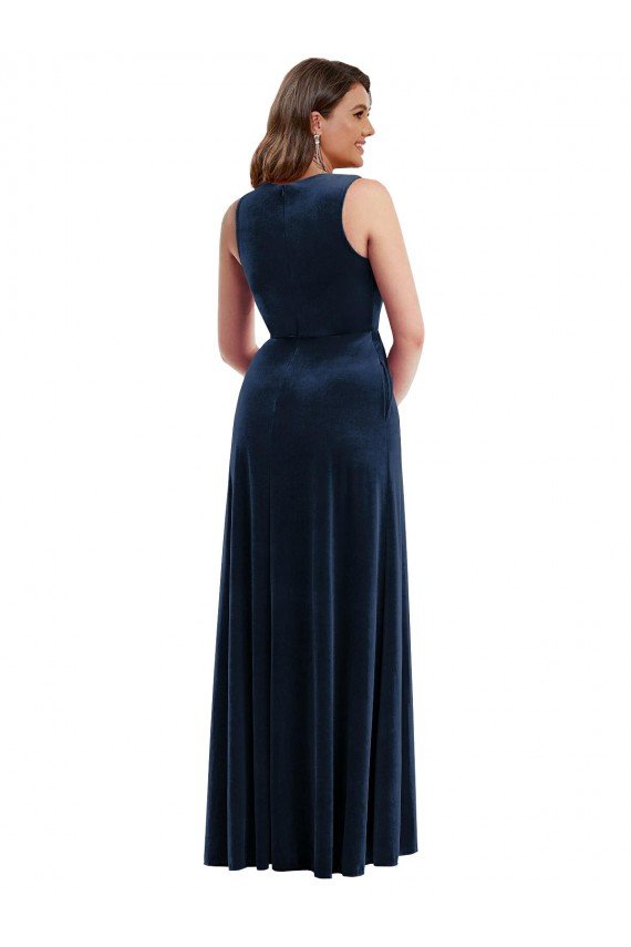 Azul marina oscuro Cubierta Cuello en V Terciopelo Elástico Largo Formales Vestidos de dama de honor / Vestidos de fiesta Descuento