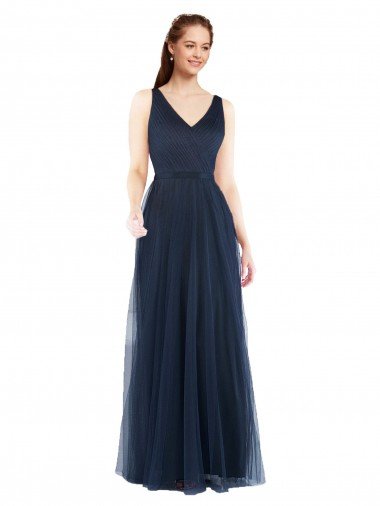 Azul marina oscuro Cubierta Cuello en V Tul Largo Vestidos de dama de honor Descuento