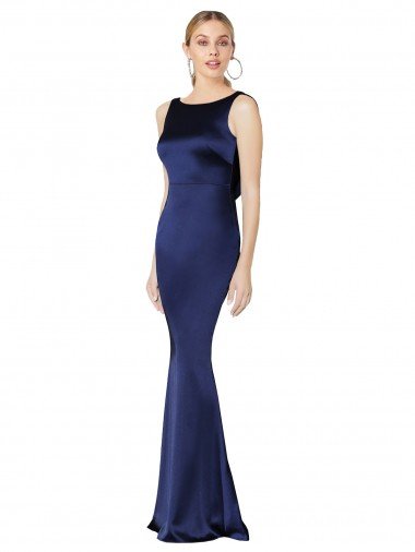 Azul marina oscuro Cubierta Halter Cuello Alto Satén elástico Largo Formales Vestidos de dama de honor / Vestidos de fiesta Descuento