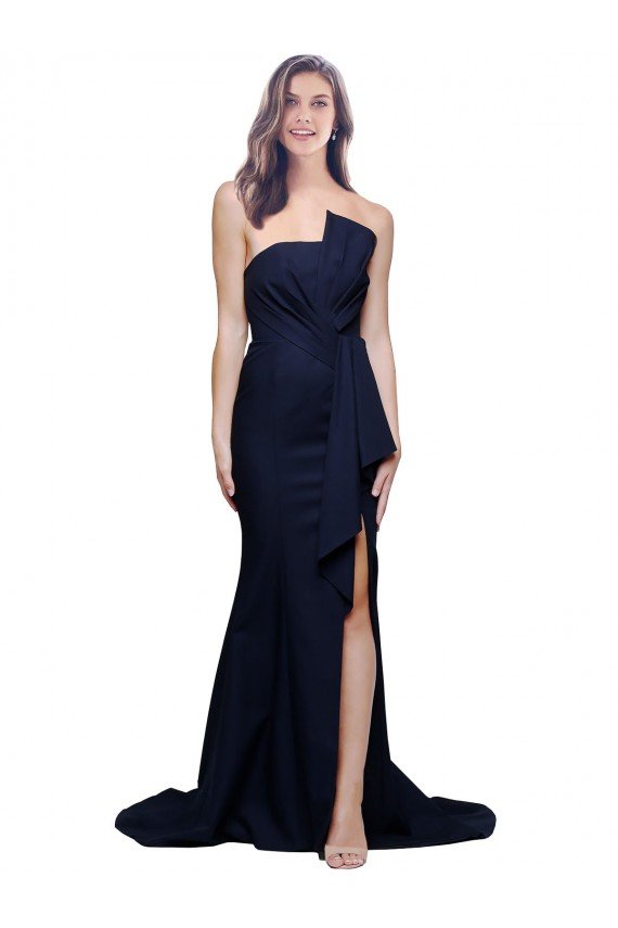 Azul marina oscuro Cubierta Sin tirantes Barrer tren Crepé Elástico Largo Vestidos de dama de honor / Vestidos de fiesta Descuento