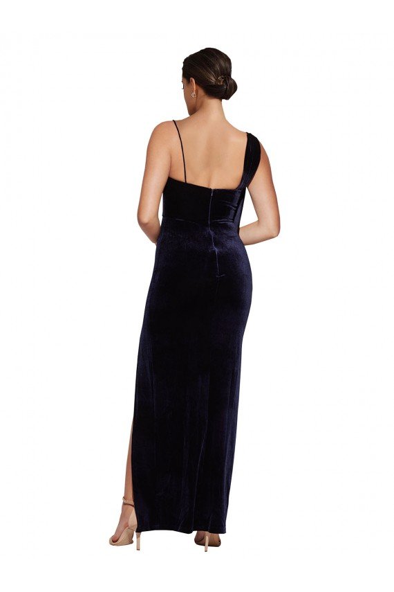 Azul marina oscuro Cubierta Tirantes espagueti Cuadrado Terciopelo Elástico Largo Formales Vestidos de dama de honor / Vestidos de fiesta Descuento
