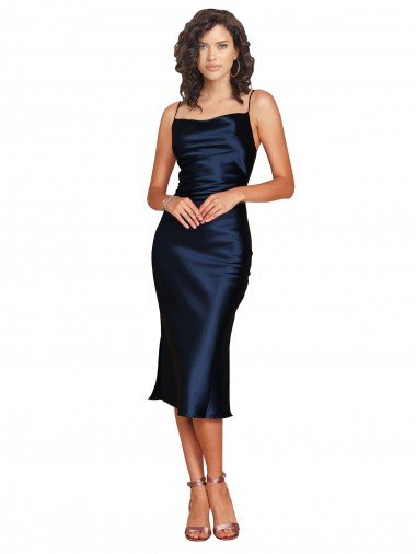 Azul marina oscuro Cubierta Tirantes espagueti Midi Cóctel Satén sedoso Corto Formales Vestidos de dama de honor / Vestidos de fiesta / Vestidos de cóctel Descuento