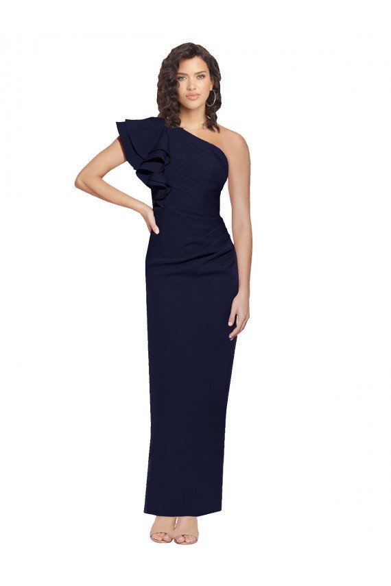 Azul marina oscuro Cubierta Un Hombre Crepé Elástico Largo Formales Vestidos de dama de honor / Vestidos de fiesta Descuento