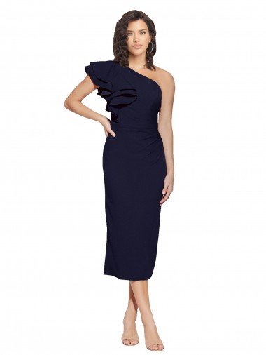 Azul marina oscuro Cubierta Un Hombre Midi Crepé Elástico Corto Formales Vestidos de dama de honor / Vestidos de fiesta / Vestidos de cóctel Descuento