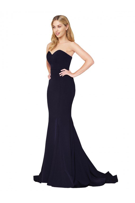 Azul marina oscuro Sirena Cuello Alto Barrer tren Crepé Elástico Largo Formales Vestidos de dama de honor / Vestidos de fiesta Descuento