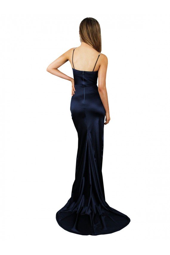 Azul marina oscuro Sirena Cuello de Corazón Satén elástico Largo Formales Vestidos de dama de honor / Vestidos de fiesta Descuento