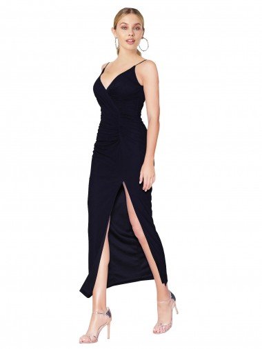 Azul marina oscuro Sirena Cuello en V Cuello Alto Gasa Corto Formales Vestidos de dama de honor / Vestidos de fiesta / Vestidos de cóctel Descuento