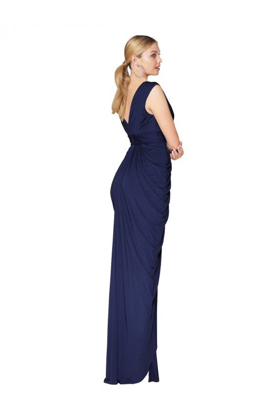 Azul marina oscuro Sirena Cuello en V Cuello Alto Gasa Largo Formales Vestidos de dama de honor / Vestidos de fiesta Descuento