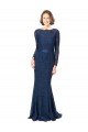 Azul marina oscuro Sirena Cuello joya Barrer tren Encaje Largo Vestidos de dama de honor Descuento