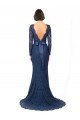 Azul marina oscuro Sirena Cuello joya Barrer tren Encaje Largo Vestidos de dama de honor Descuento