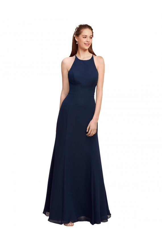 Azul marina oscuro Sirena Halter Cuello Alto Gasa Largo Vestidos de dama de honor / Vestidos de fiesta Descuento