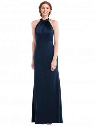 Azul marina oscuro Trompeta Cuello Alto Crepé Elástico Largo Vestidos de dama de honor / Vestidos de fiesta Descuento