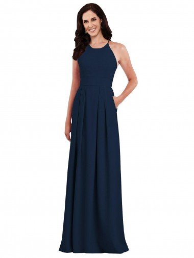 Azul marina oscuro Trompeta Halter Crepé Elástico Largo Vestidos de dama de honor Descuento