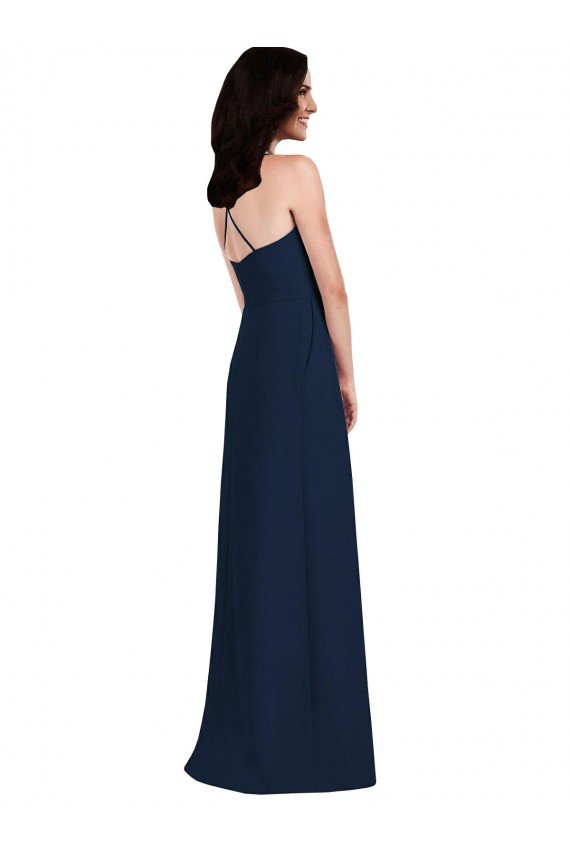 Azul marina oscuro Trompeta Halter Crepé Elástico Largo Vestidos de dama de honor Descuento