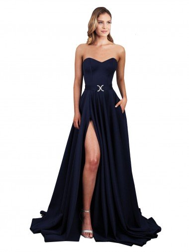 Azul marina oscuro línea A Cuello Alto Crepé Elástico Largo Formales Vestidos de dama de honor / Vestidos de fiesta Descuento