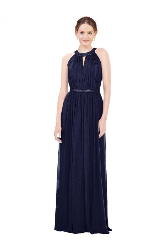 Azul marina oscuro línea A Cuello Alto Gasa Largo Vestidos de dama de honor Descuento