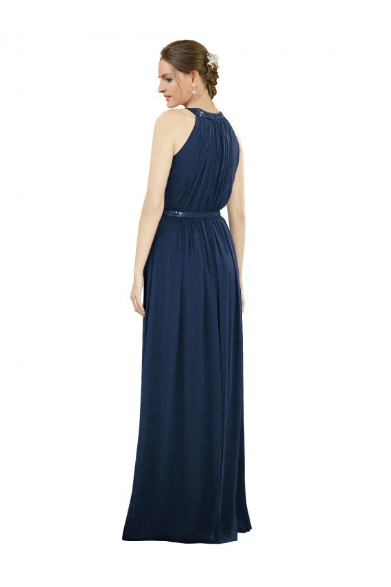 Azul marina oscuro línea A Cuello Alto Gasa Largo Vestidos de dama de honor Descuento