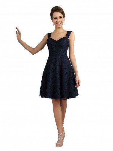 Azul marina oscuro línea A Cuello de Corazón Encaje Corto Vestidos de dama de honor / Vestidos de cóctel Descuento