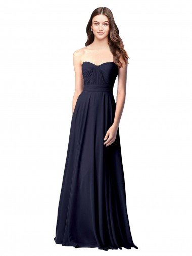Azul marina oscuro línea A Cuello de Corazón Sin tirantes Gasa Largo Vestidos de dama de honor Descuento