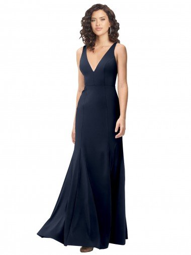 Azul marina oscuro línea A Cuello en V Cuello Alto Crepé Elástico Largo Formales Vestidos de dama de honor / Vestidos de fiesta Descuento