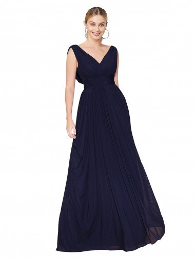 Azul marina oscuro línea A Cuello en V Cuello Alto Gasa Largo Formales Vestidos de dama de honor / Vestidos de fiesta Descuento