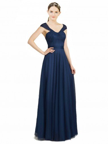Azul marina oscuro línea A Cuello en V Cuello de Corazón Tul Largo Vestidos de dama de honor Descuento