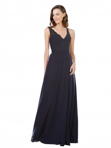 Azul marina oscuro línea A Cuello en V Gasa Encaje Largo Vestidos de dama de honor Descuento